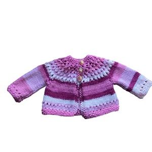 Handknit Infant Baby Cardigan Sweater Shades of Pink Stripes Size Unknown